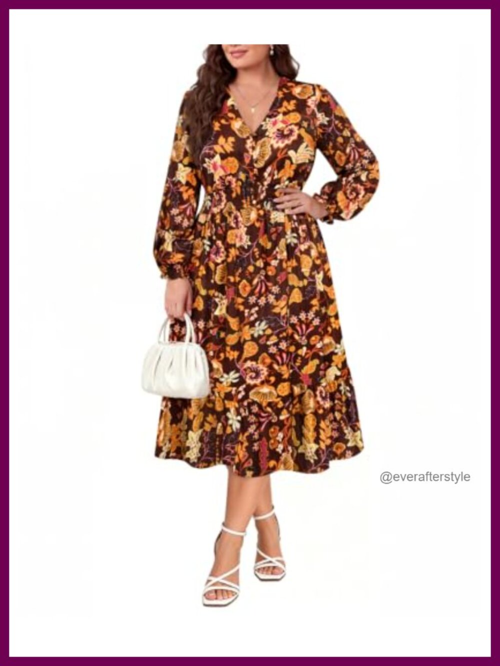 Plus Size Boho Floral Fall Midi Dress Long Sleeve V Neck Wedding Guest